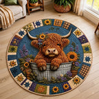 Highland Cow Charm Round Mat Rug - Nature Design | Serene Home Decor - washable non-slip printed rug