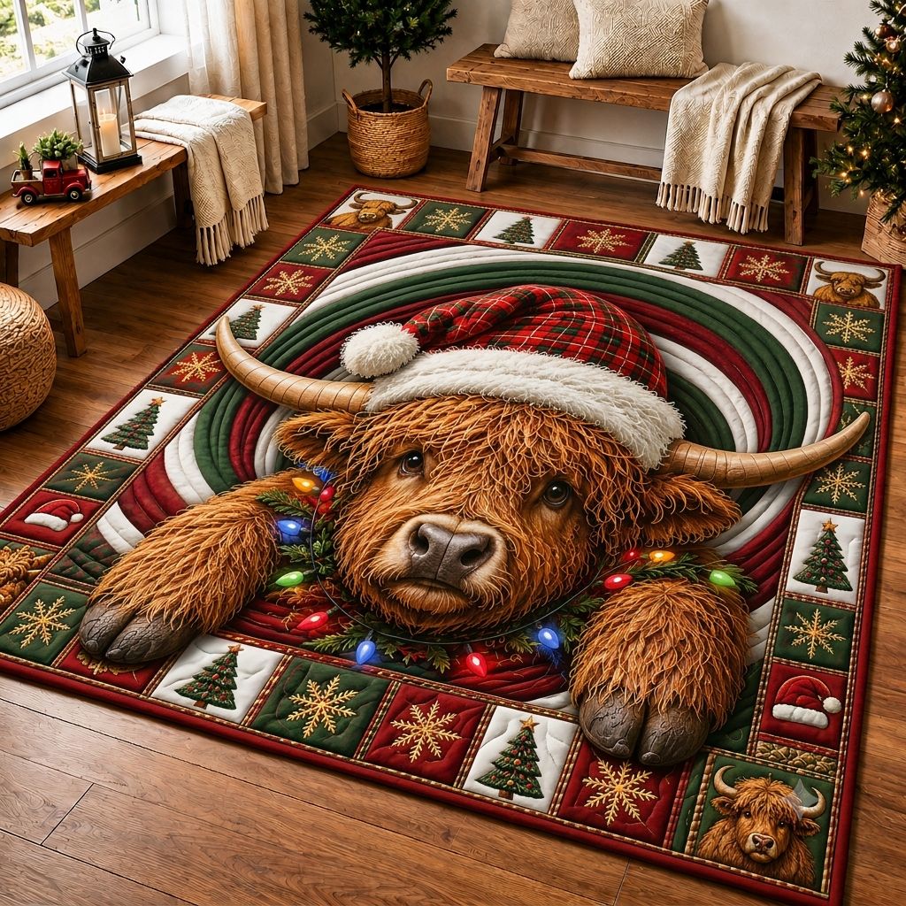 Highland Cow Christmas area rug in a living room