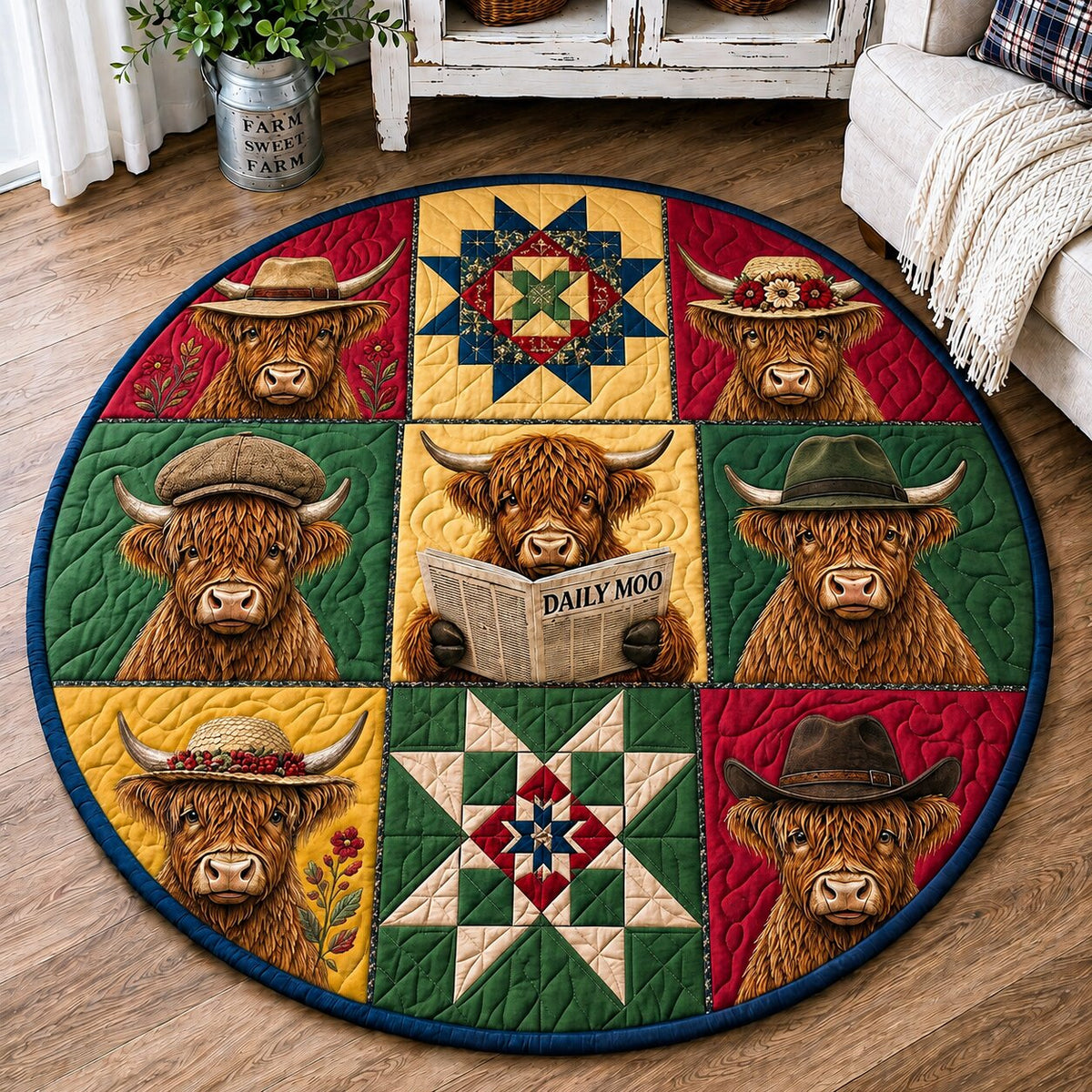 Highland Cow Country Round Mat Rug - Farmhouse Design | Cozy Home Decor - washable non-slip printed rug