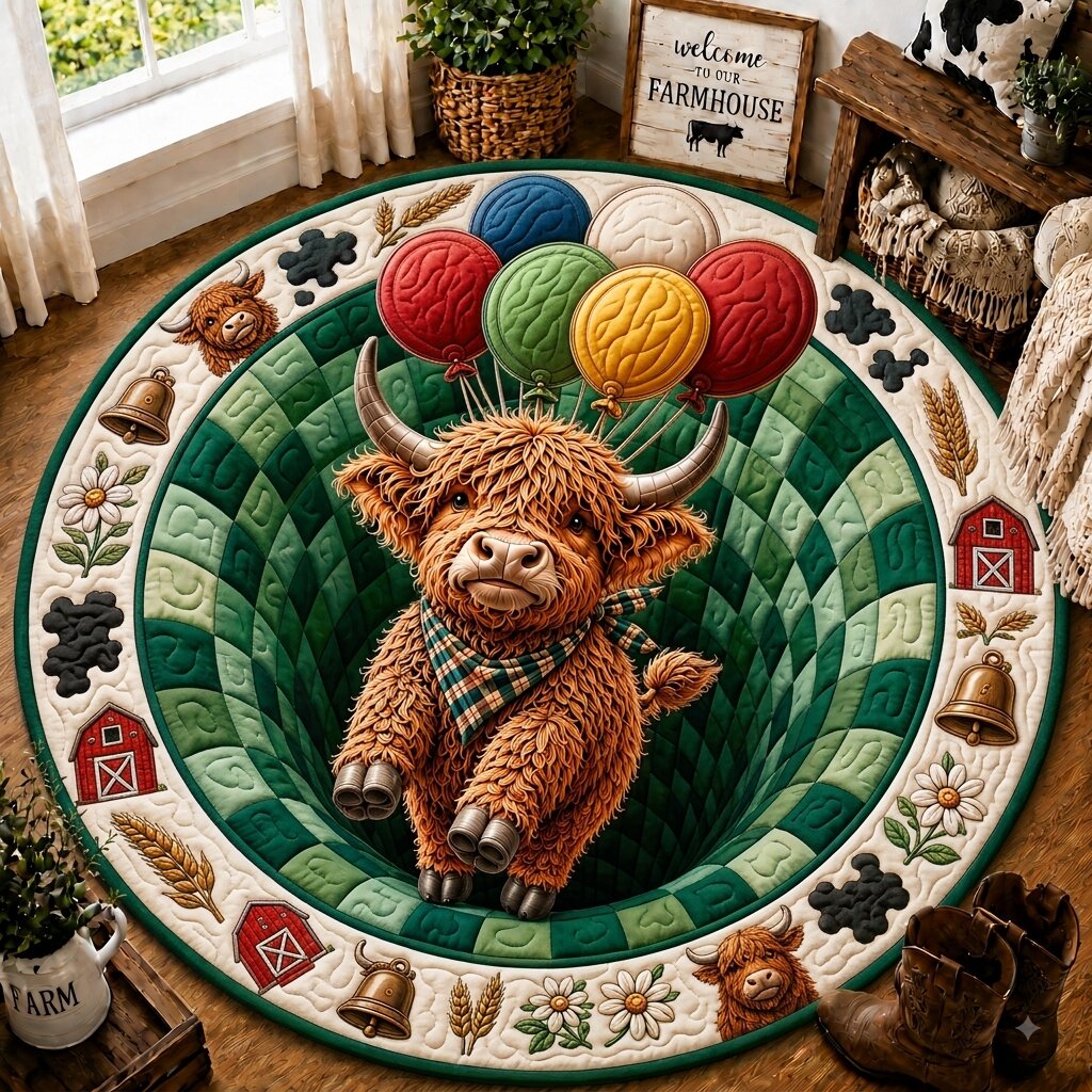 Highland Cow Farm Round Mat Rug - Farmhouse Design | Cozy Home Decor - washable non-slip printed rug