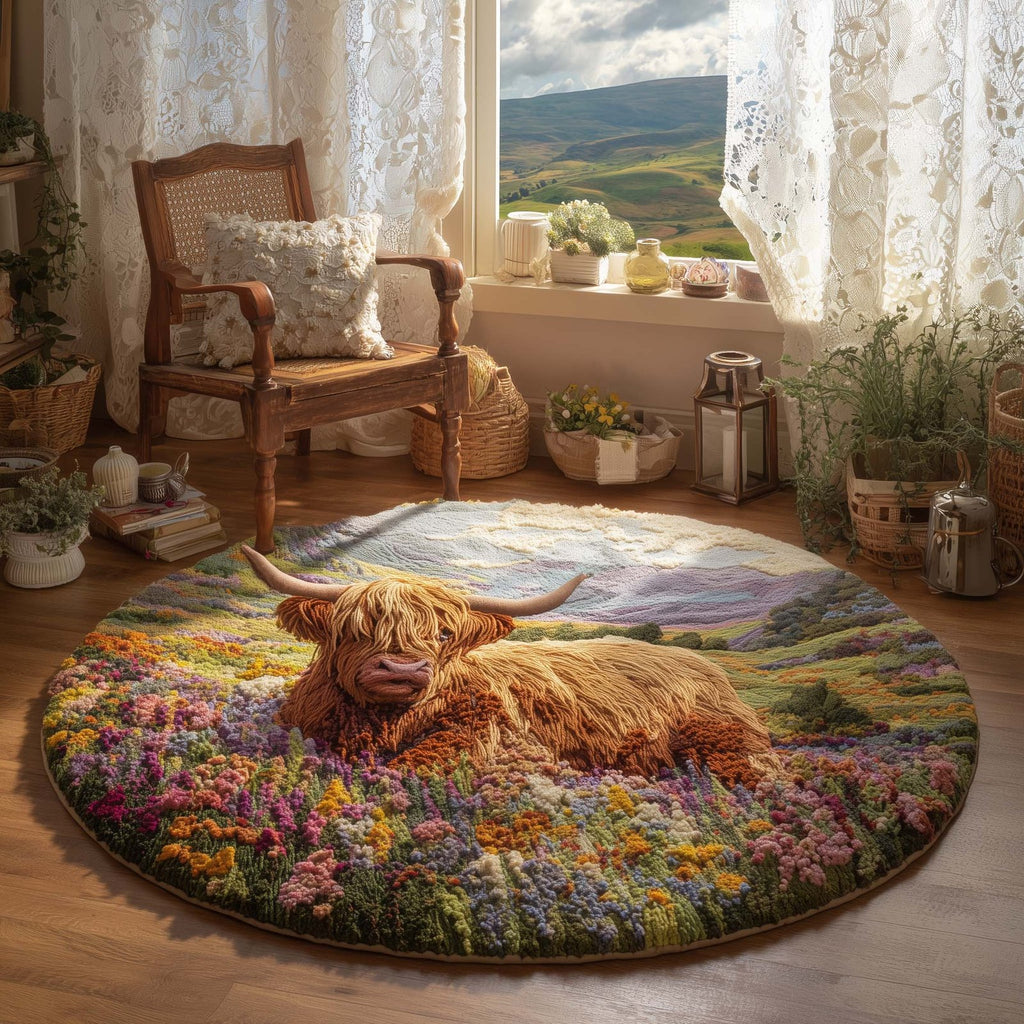 Highland Cow Heaven Round Mat Rug - Nature Design | Serene Home Decor