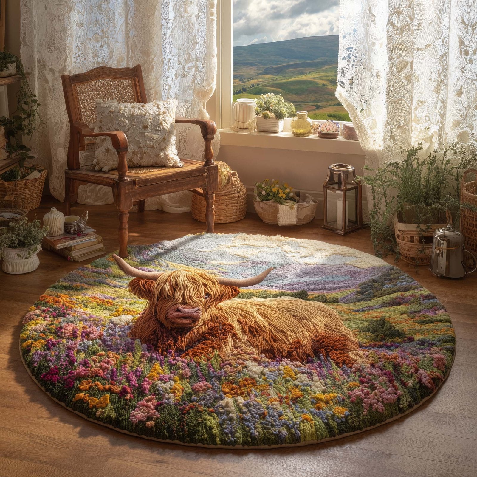 Highland Cow Heaven Round Mat Rug - Nature Design | Serene Home Decor