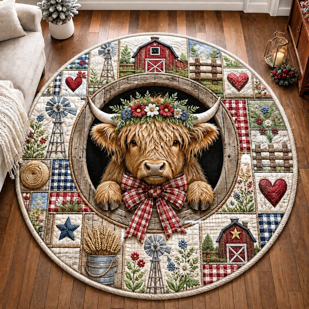 Highland Cow Love Round Mat Rug - Nature Design | Serene Home Decor - washable non-slip printed rug