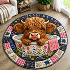 Highland Cow Meadow Round Mat Rug - Nature Design | Serene Home Decor - washable non-slip printed rug
