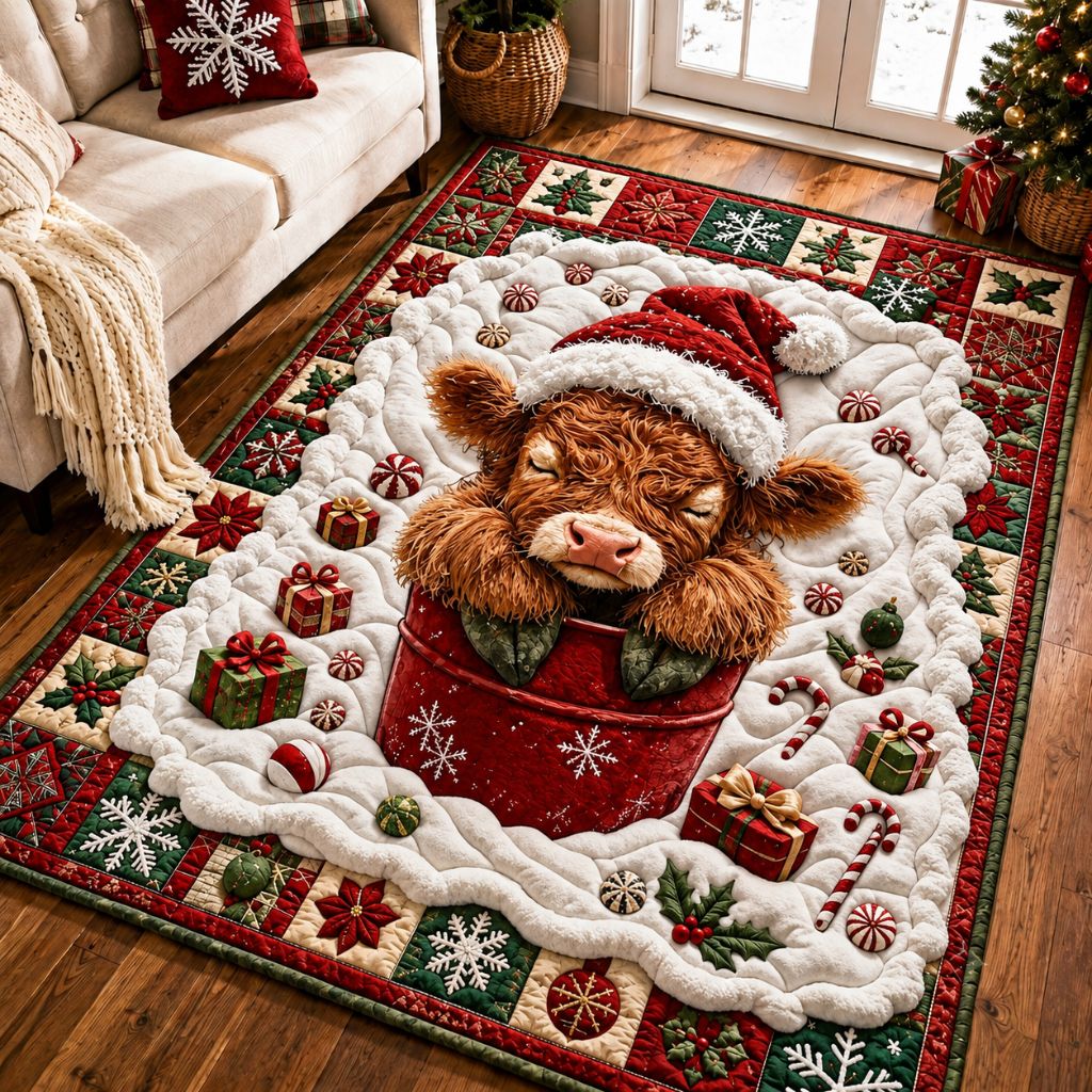 Highland Cow Noel area rug in a living room
