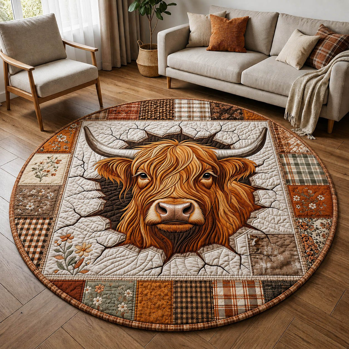 Highland Cow Round Mat Rug - washable non-slip printed rug