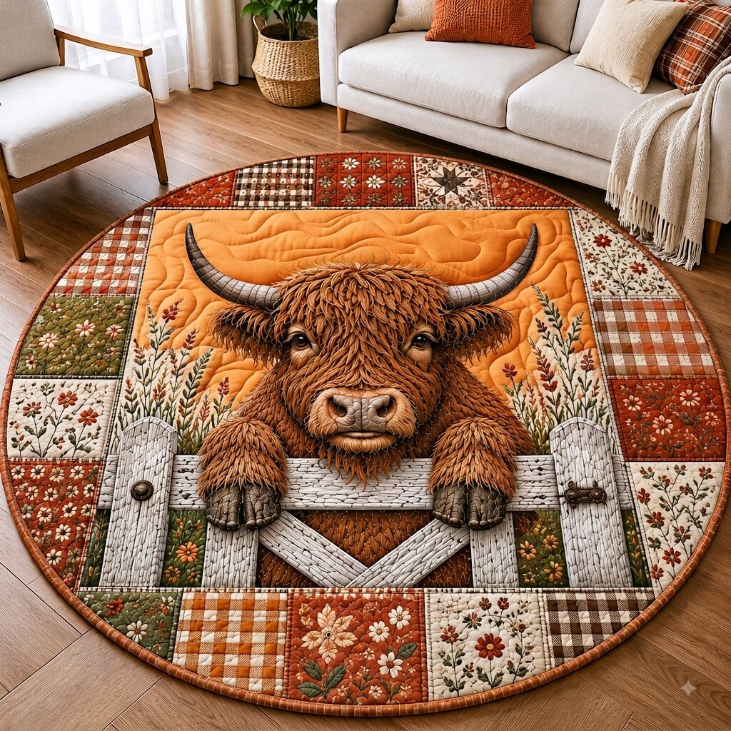 Highland Cow Spirit Round Mat Rug - Nature Design | Serene Home Decor - washable non-slip printed rug