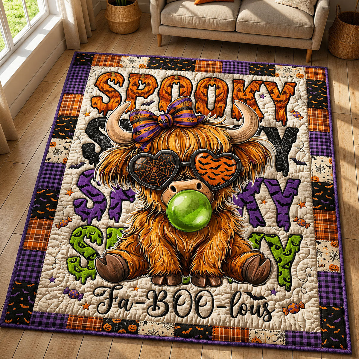 Highland Cow Spooky Faboolous area rug in a living room