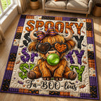 Highland Cow Spooky Faboolous area rug in a living room