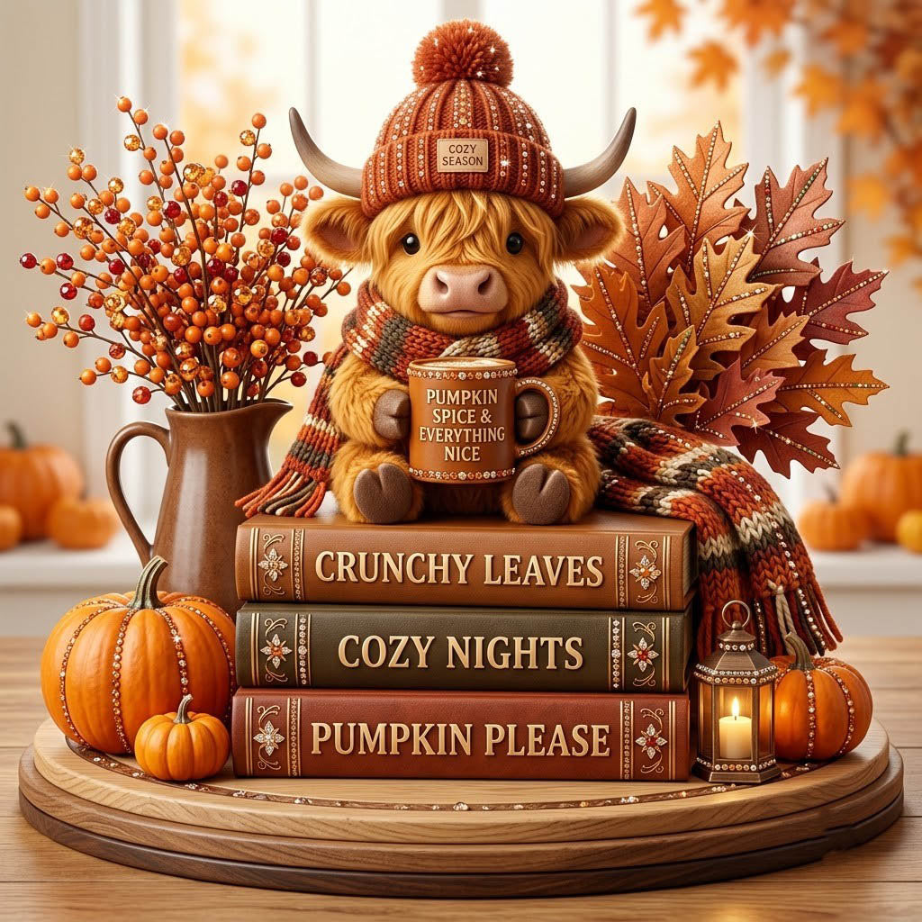 Pumpkin Please Book Stack Cow wooden block, laser-cut 3-layer wood