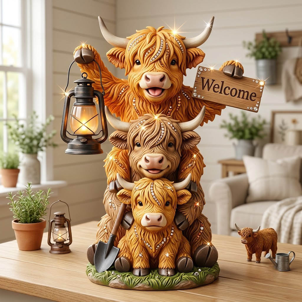 Welcome Sign Cow Tower wooden block, laser-cut 3-layer wood