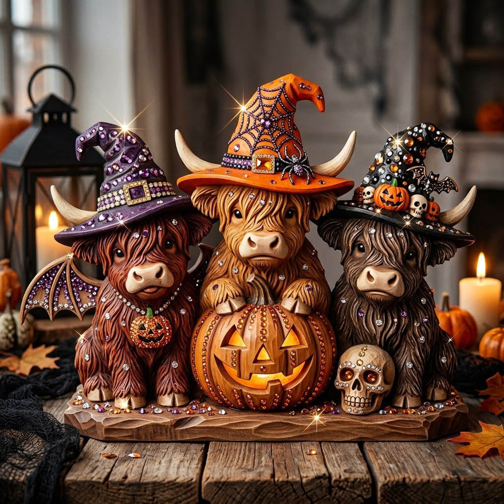 Witch Hat Cow Trio Skull wooden block, laser-cut 3-layer wood