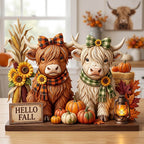 Hello Fall Sunflower Cow Pair wooden block, laser-cut 3-layer wood
