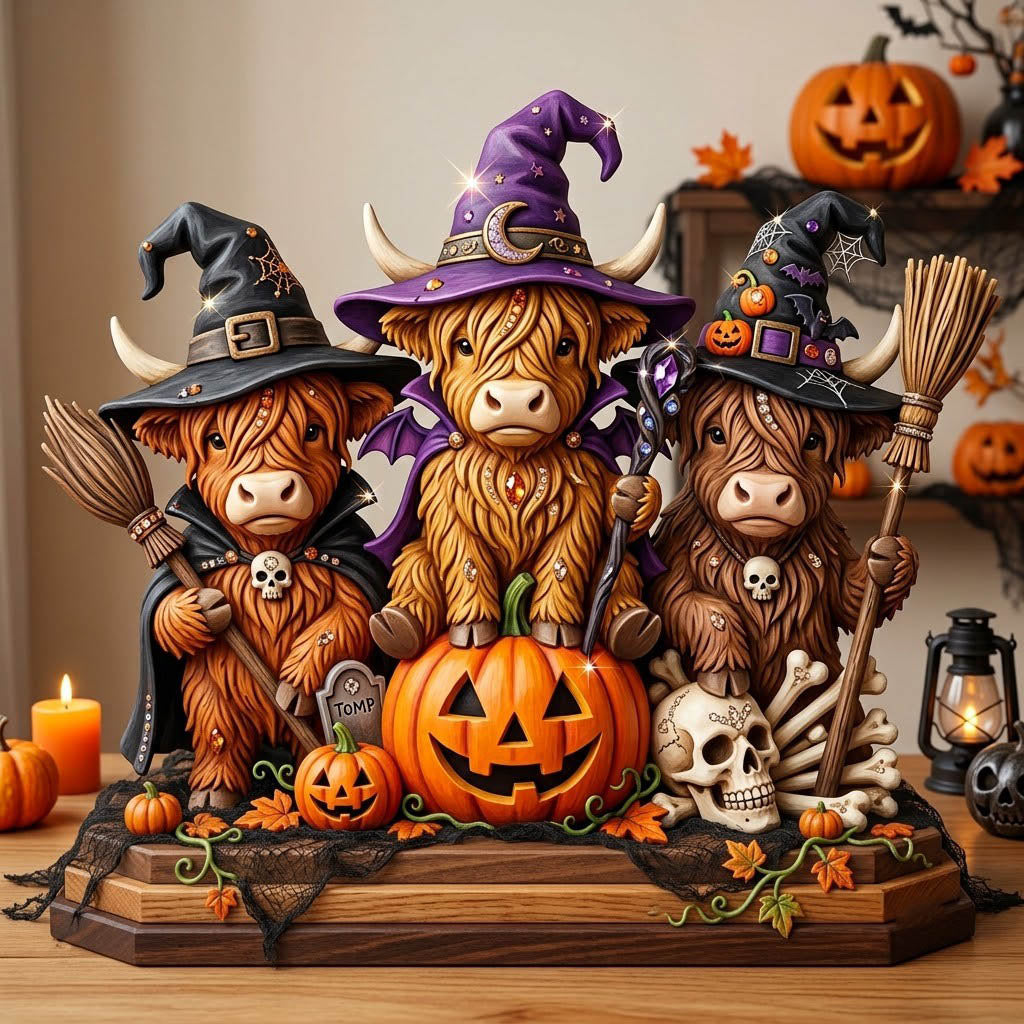 Purple Witch Hat Cow Broom wooden block, laser-cut 3-layer wood