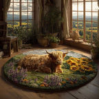 Highland Cow in Meadow Round Mat Rug - Nature Design | Serene Home Decor