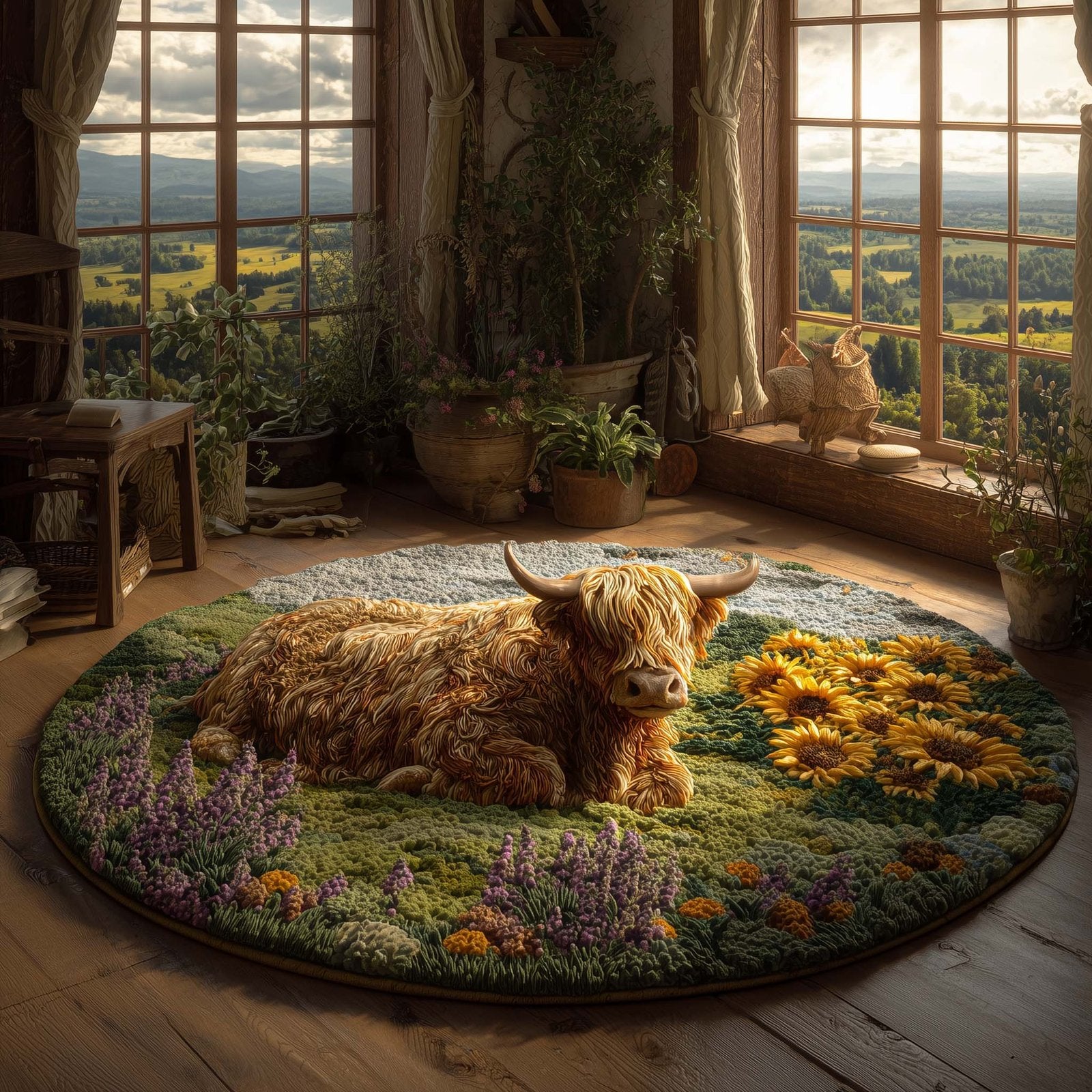 Highland Cow in Meadow Round Mat Rug - Nature Design | Serene Home Decor