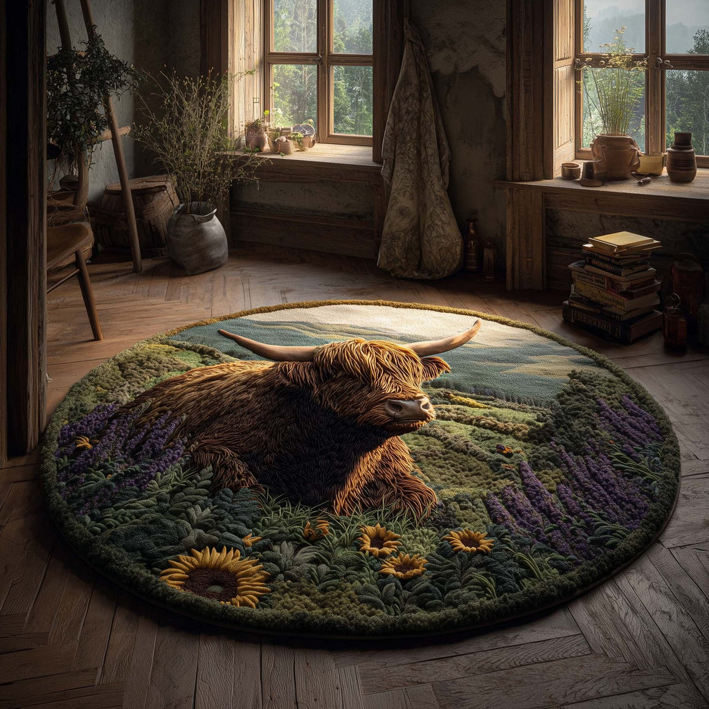 Highland Cow in Meadow Round Mat Rug - Nature Design | Serene Home Decor