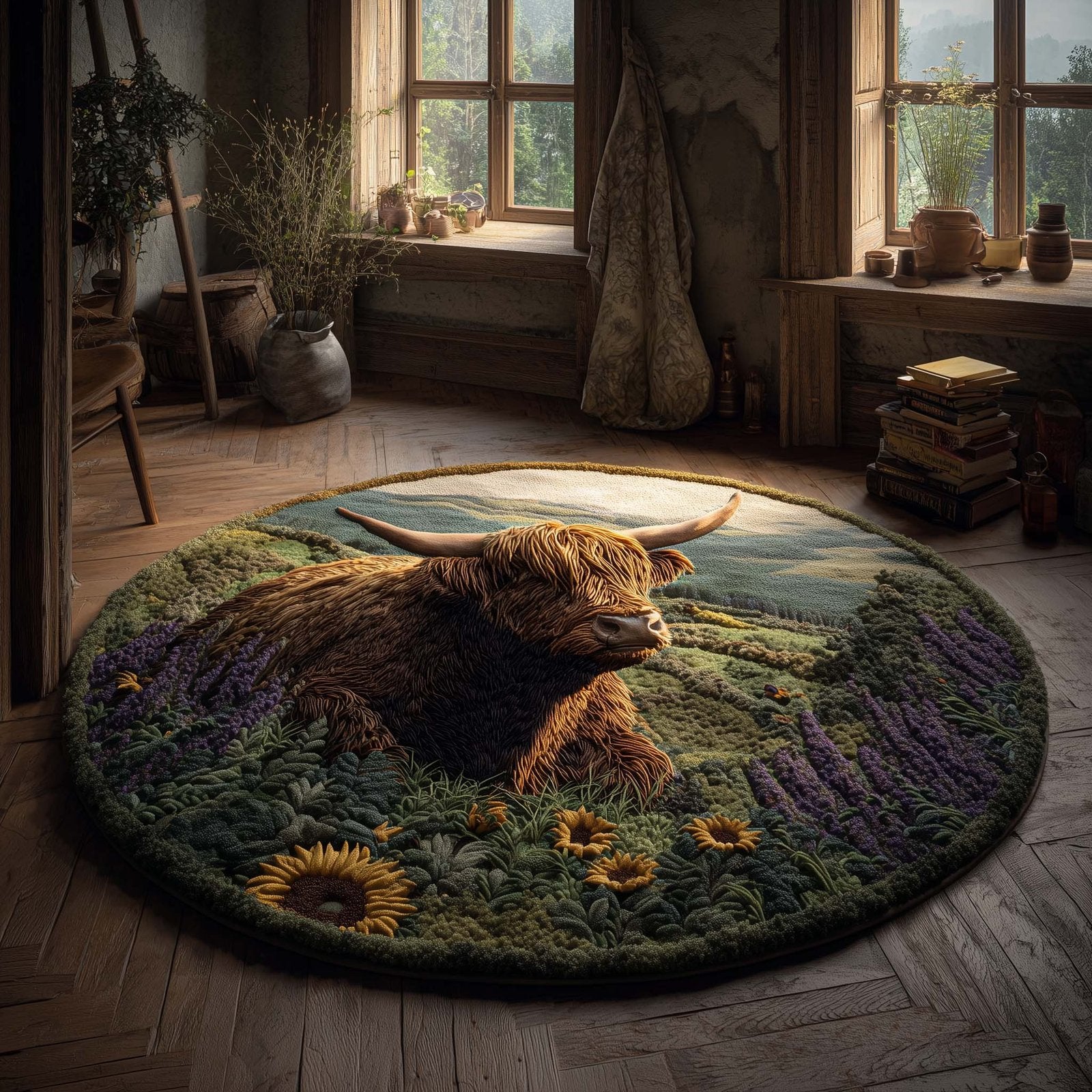 Highland Cow in Meadow Round Mat Rug - Nature Design | Serene Home Decor