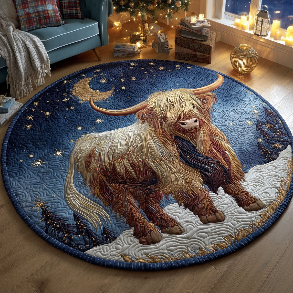 Highland Moonlight Round Mat Rug - washable non-slip printed rug