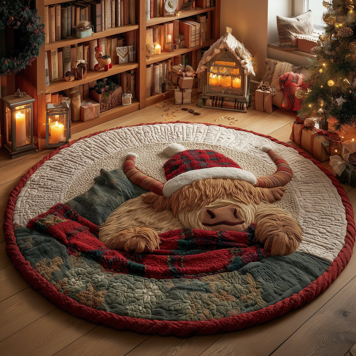 Highland Snuggle Round Mat Rug - washable non-slip printed rug