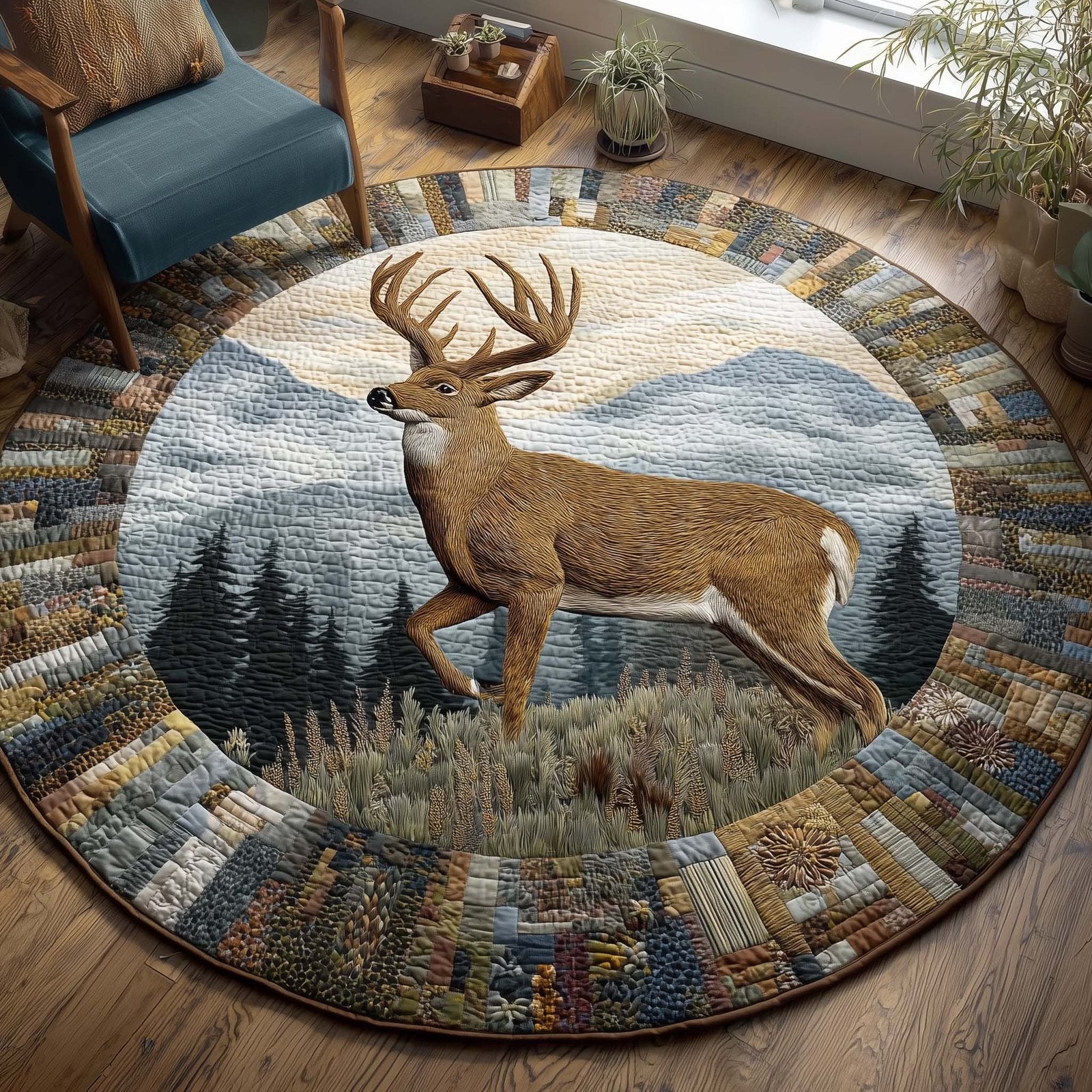 Highland Stag Round Mat Rug - washable non-slip printed rug