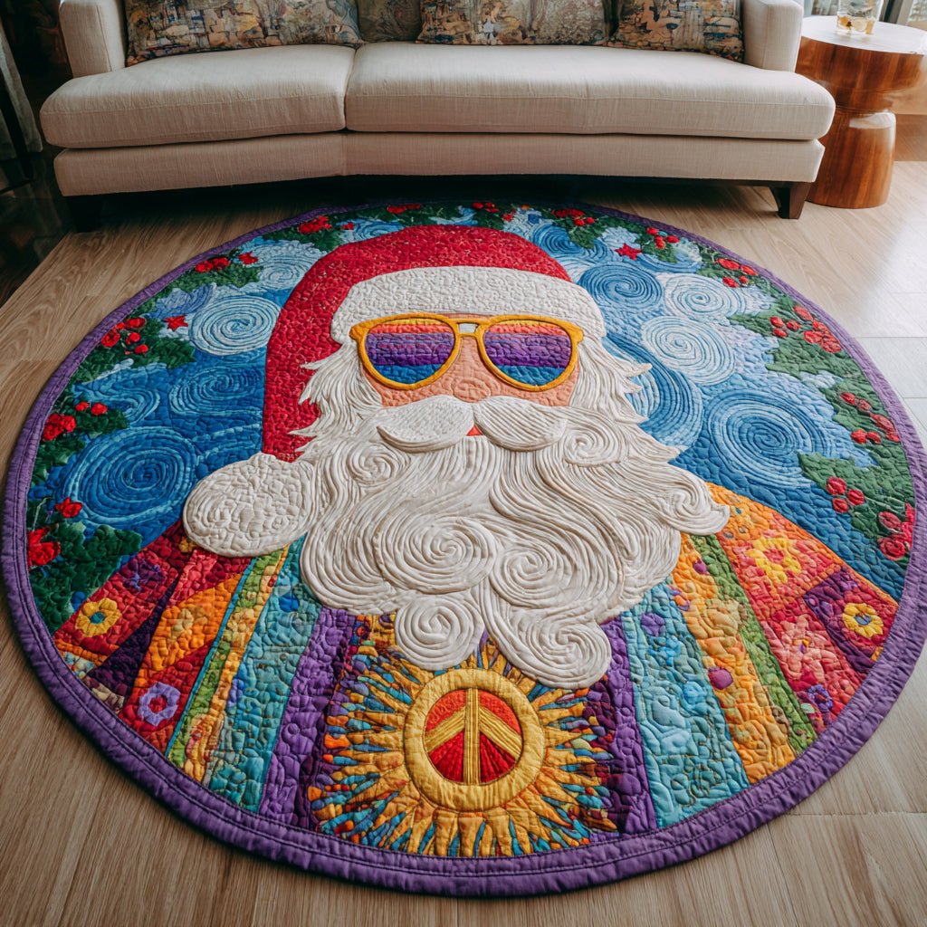 Hippie Santa Claus Christmas Round Mat Rug - washable non-slip printed rug