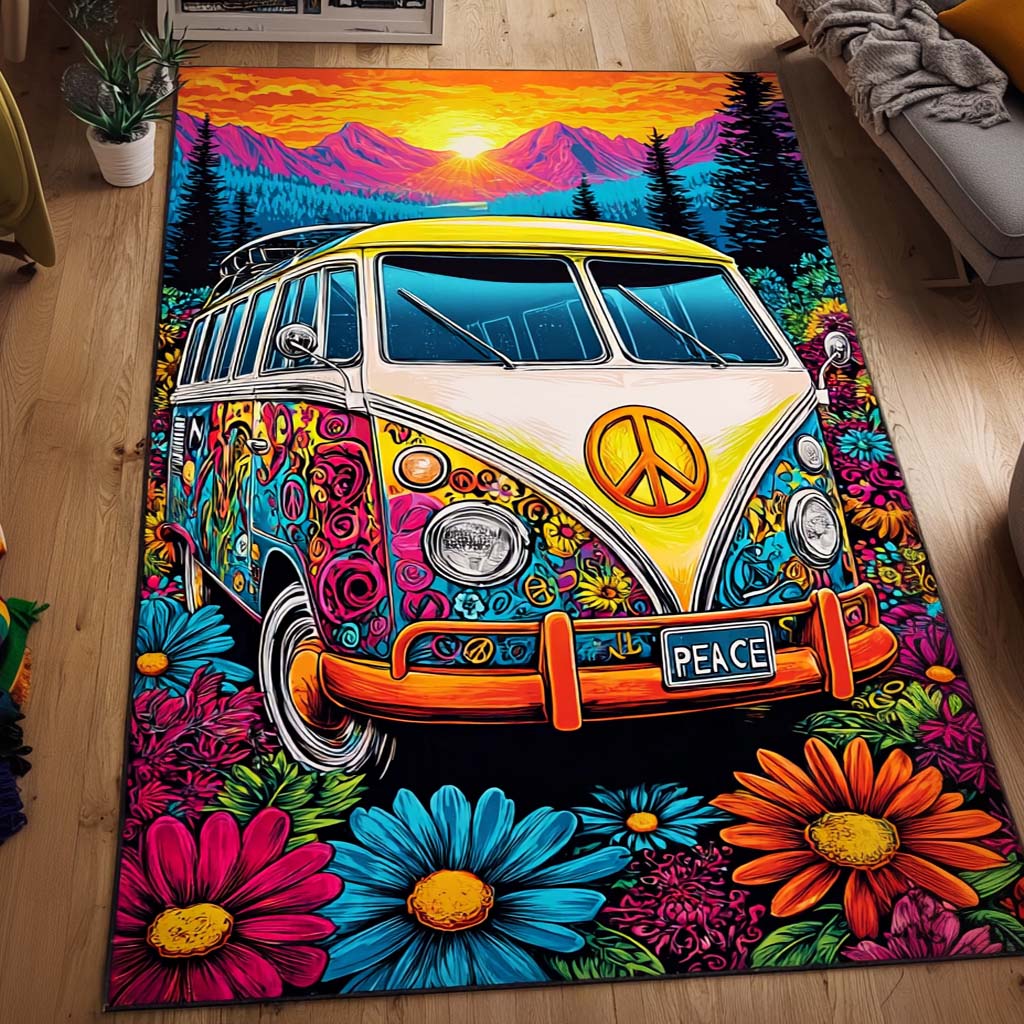Hippie Van Mountain area rug in a living room