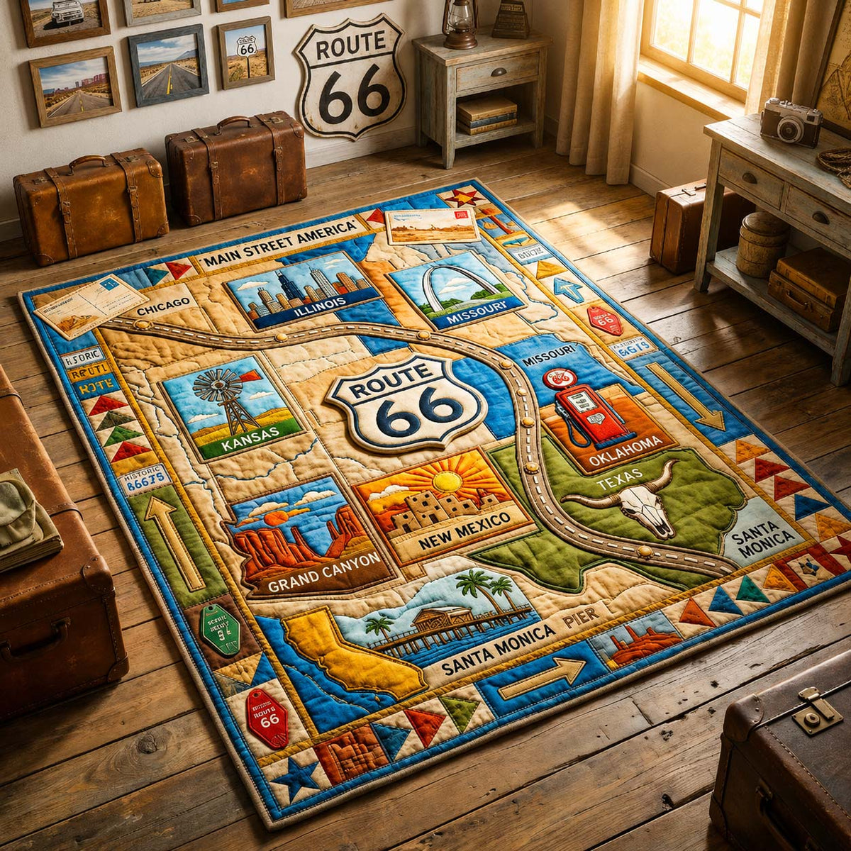 Historic Route Map area rug in a living room