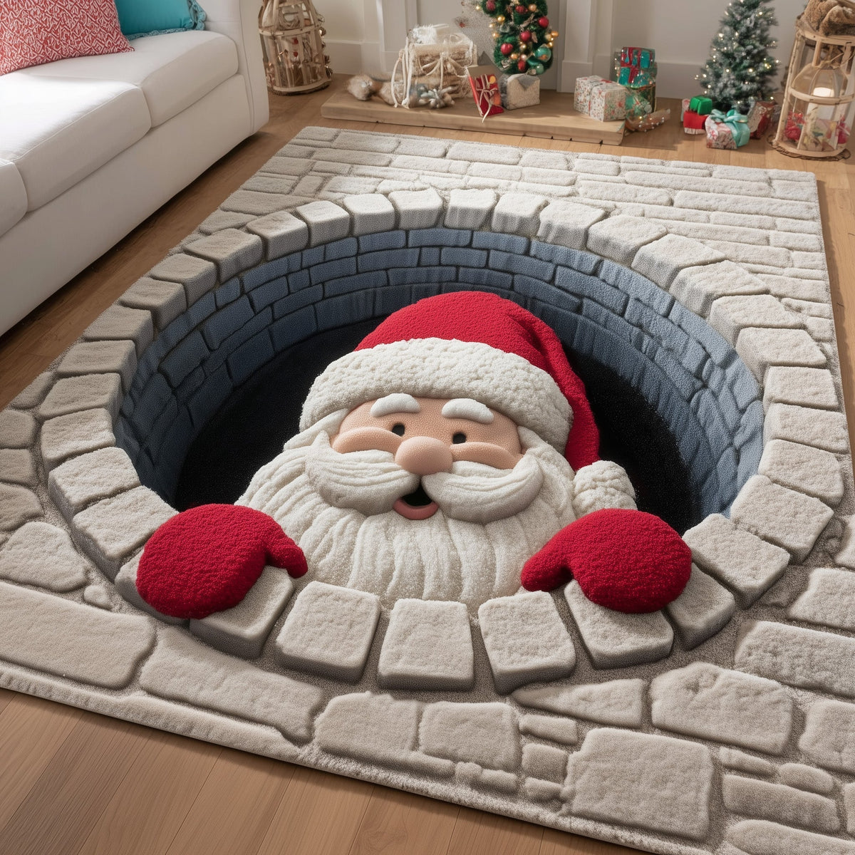 Ho Ho Ho area rug in a living room