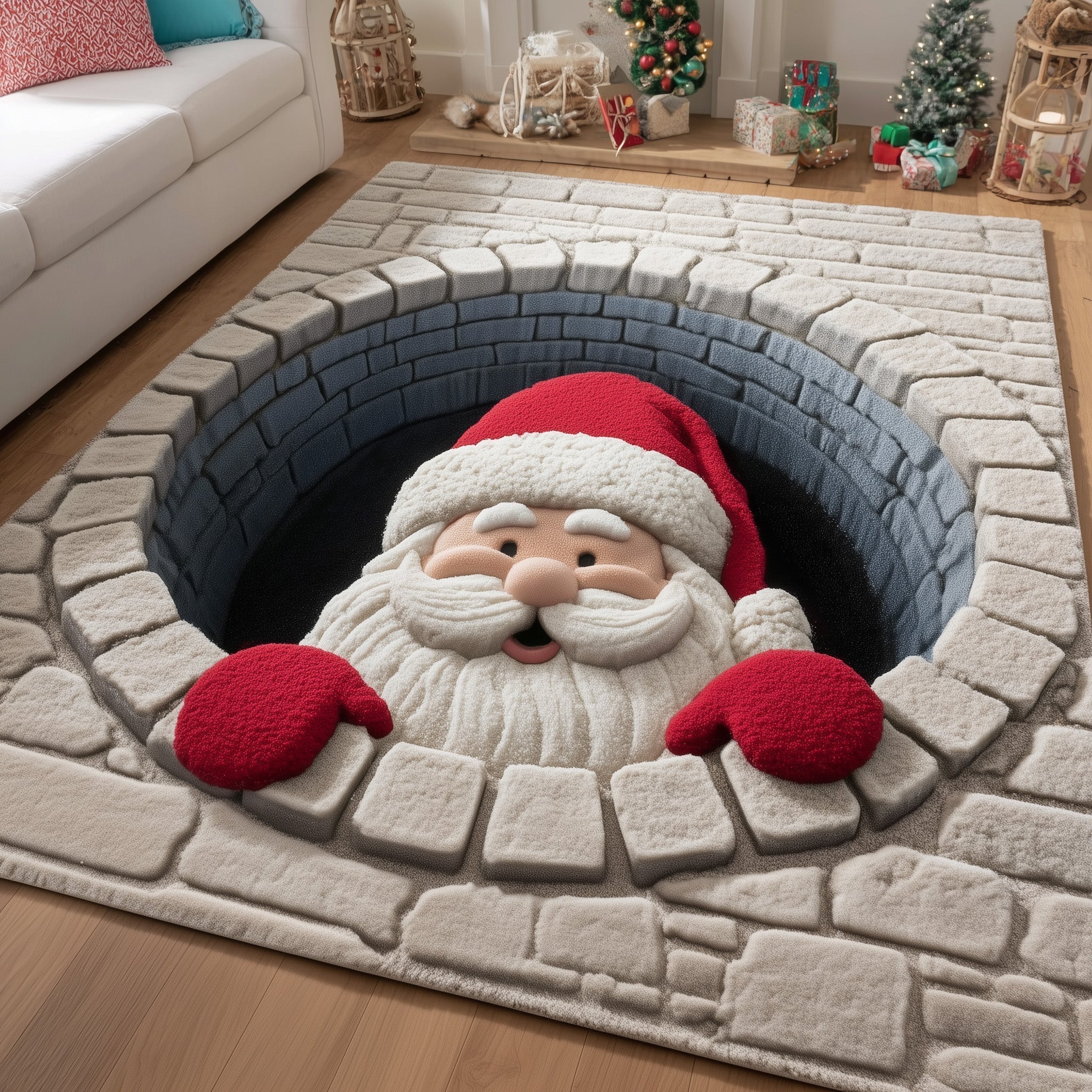 Ho Ho Ho area rug in a living room