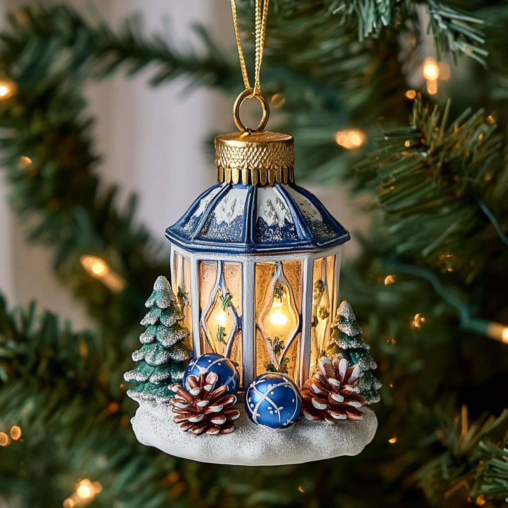 Blue Lantern Pine Snow Christmas Ornament