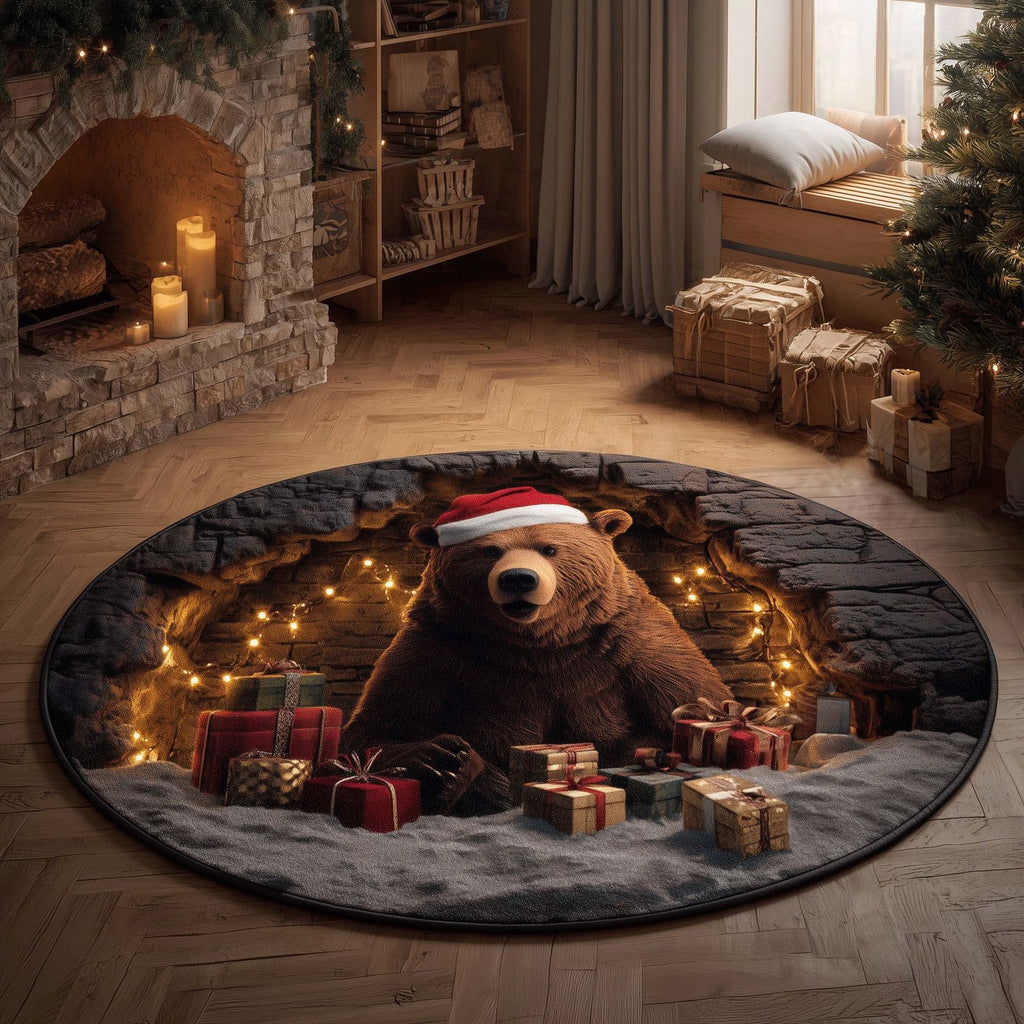 Holiday Bear Round Mat Rug - Cute Pet Design | Animal Printed Home Decor