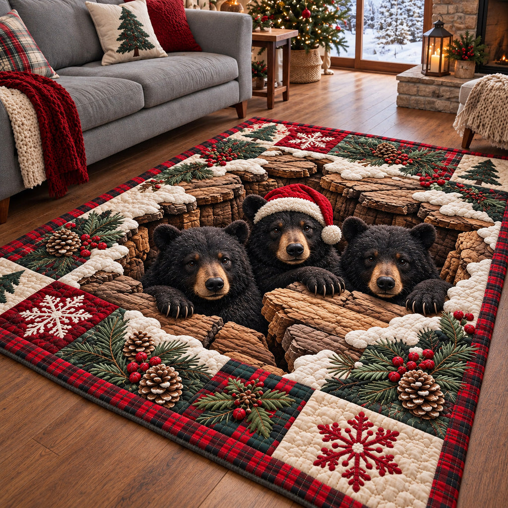 Holiday Bear Trio area rug in a living room