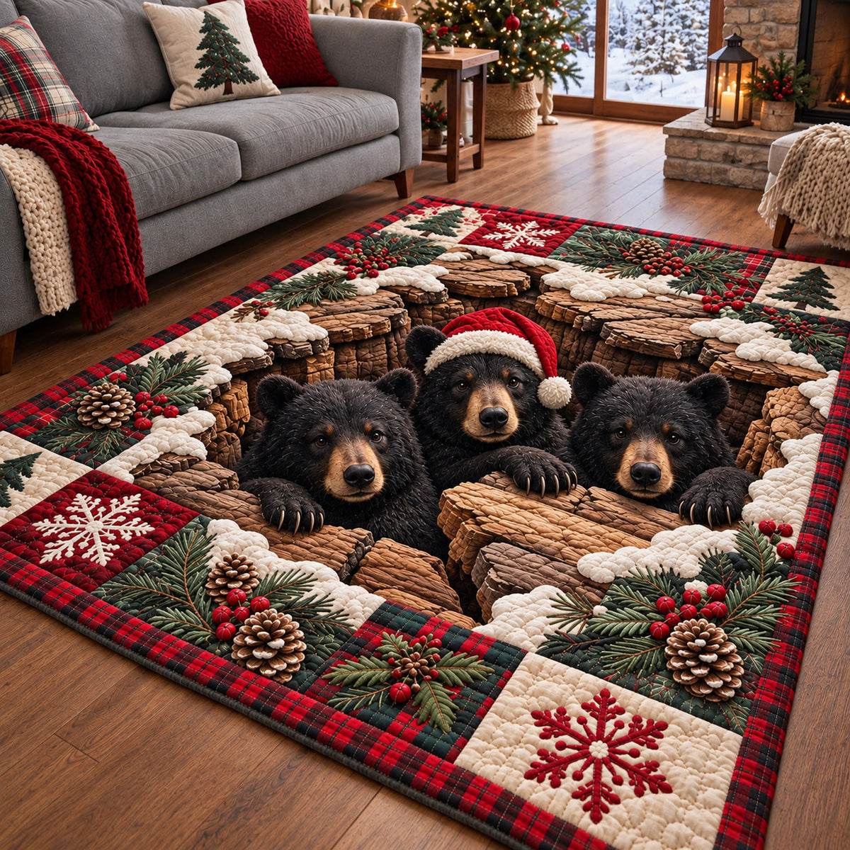Holiday Bear Trio area rug in a living room