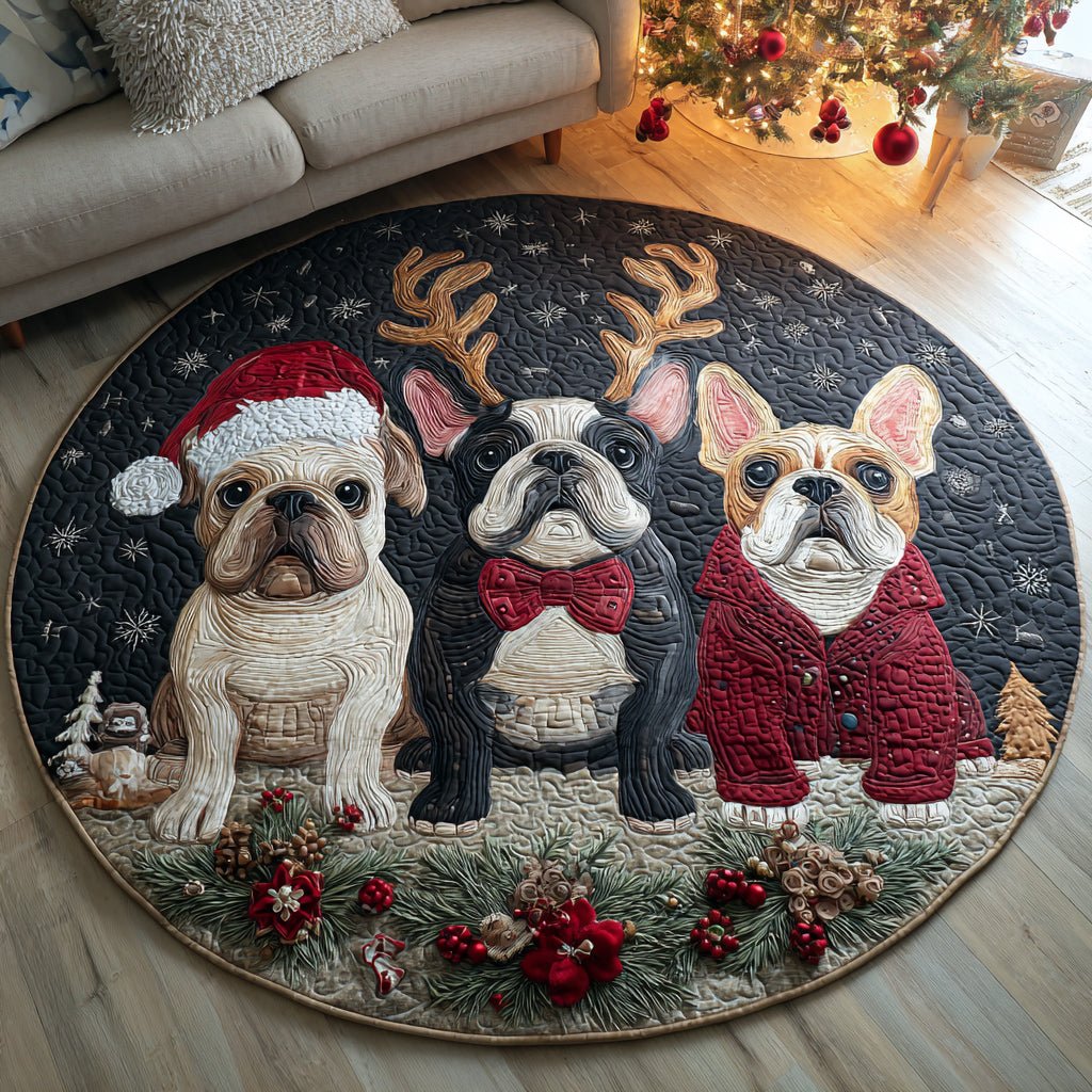 Holiday Bulldog Pals Round Mat Rug - Cute Pet Design | Animal Printed Home Decor