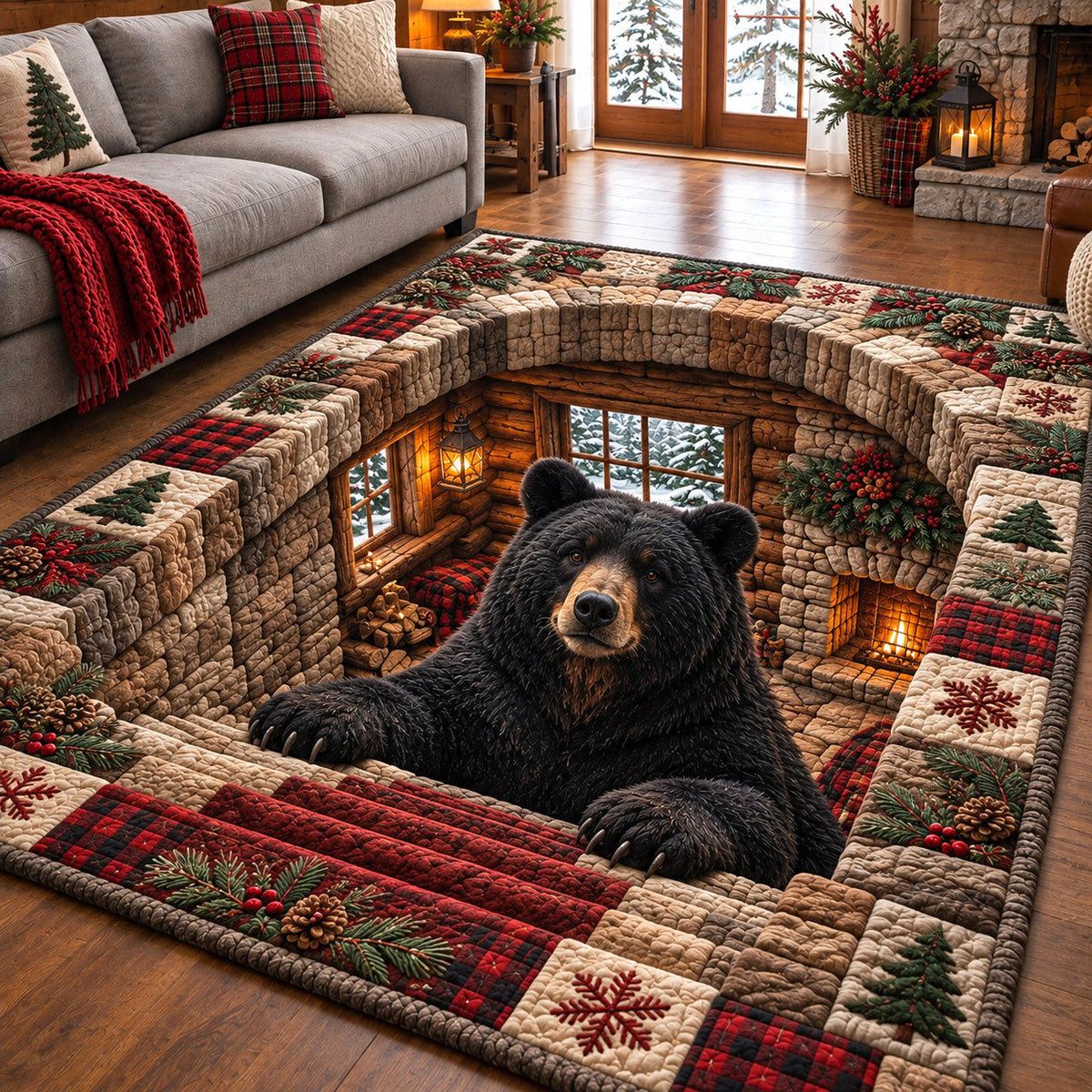 Holiday Cabin Bear area rug in a living room
