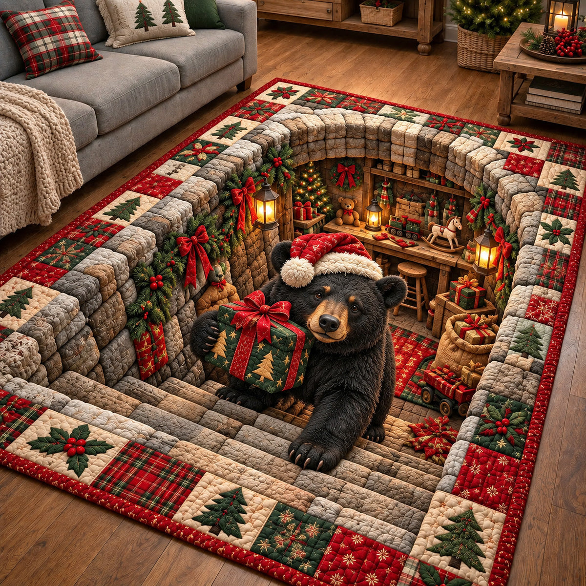 Holiday Cabin Bear area rug in a living room