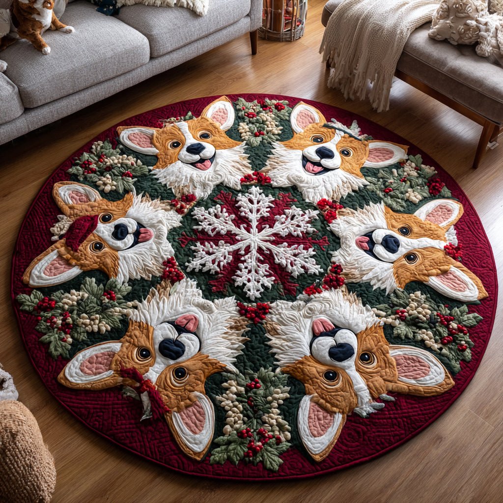 Holiday Corgi Round Mat Rug - Cute Pet Design | Animal Printed Home Decor