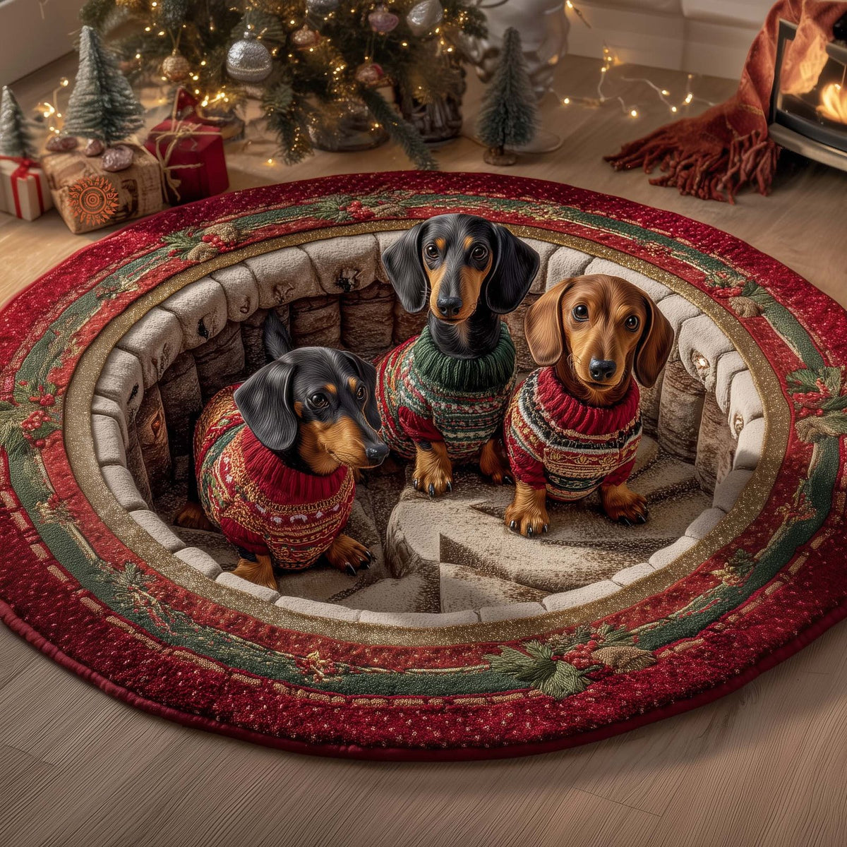 Holiday Dachshund Round Mat Rug - Nature Design | Serene Home Decor