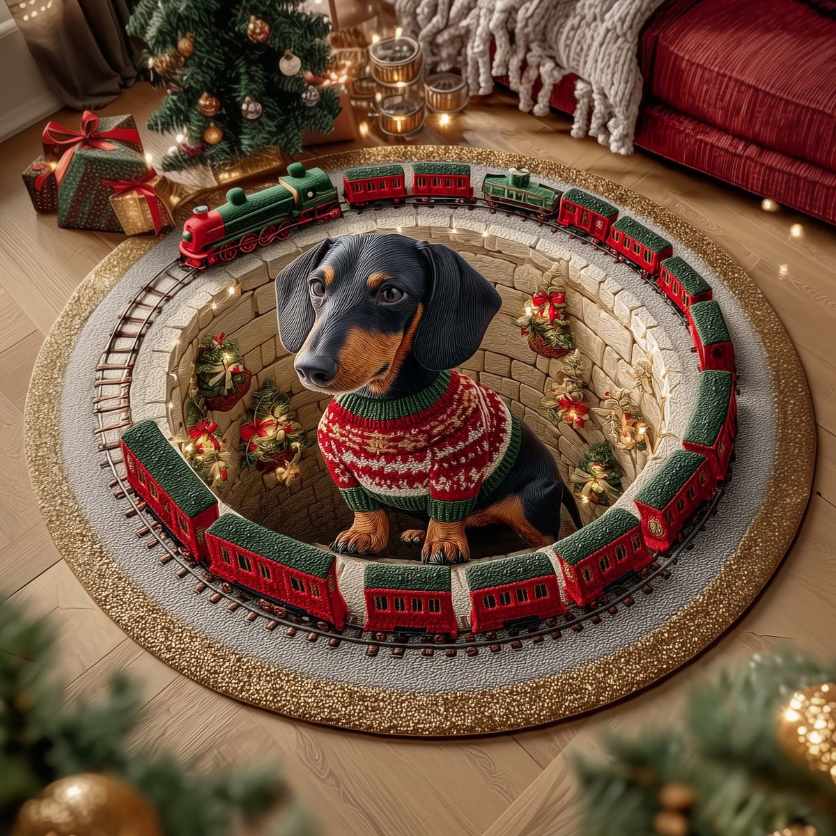 Holiday Dachshund Christmas Round Mat Rug - washable non-slip printed rug