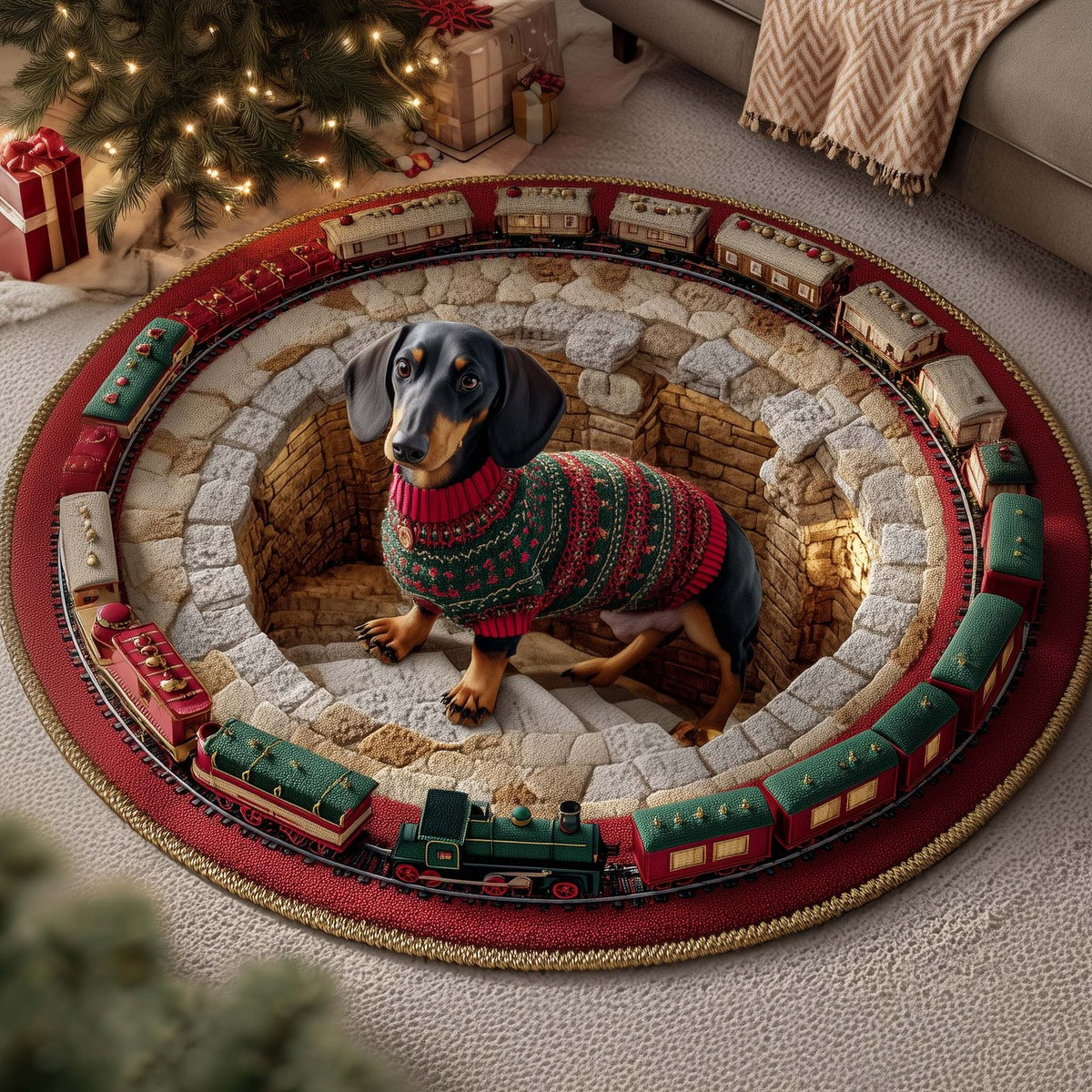 Holiday Dachshund Round Mat Rug - Nature Design | Serene Home Decor