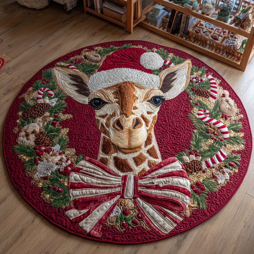Holiday Giraffe Wreath Christmas Round Mat Rug - washable non-slip printed rug