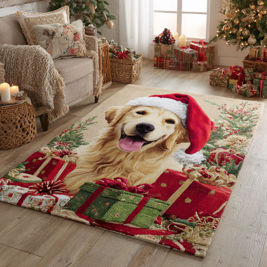 Holiday Golden Retriever area rug in a living room