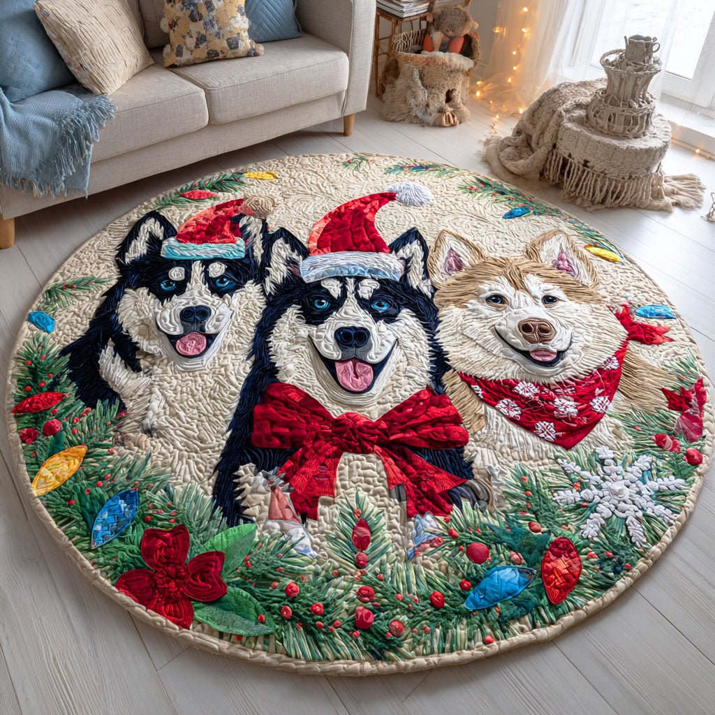 Holiday Husky Christmas Round Mat Rug - washable non-slip printed rug