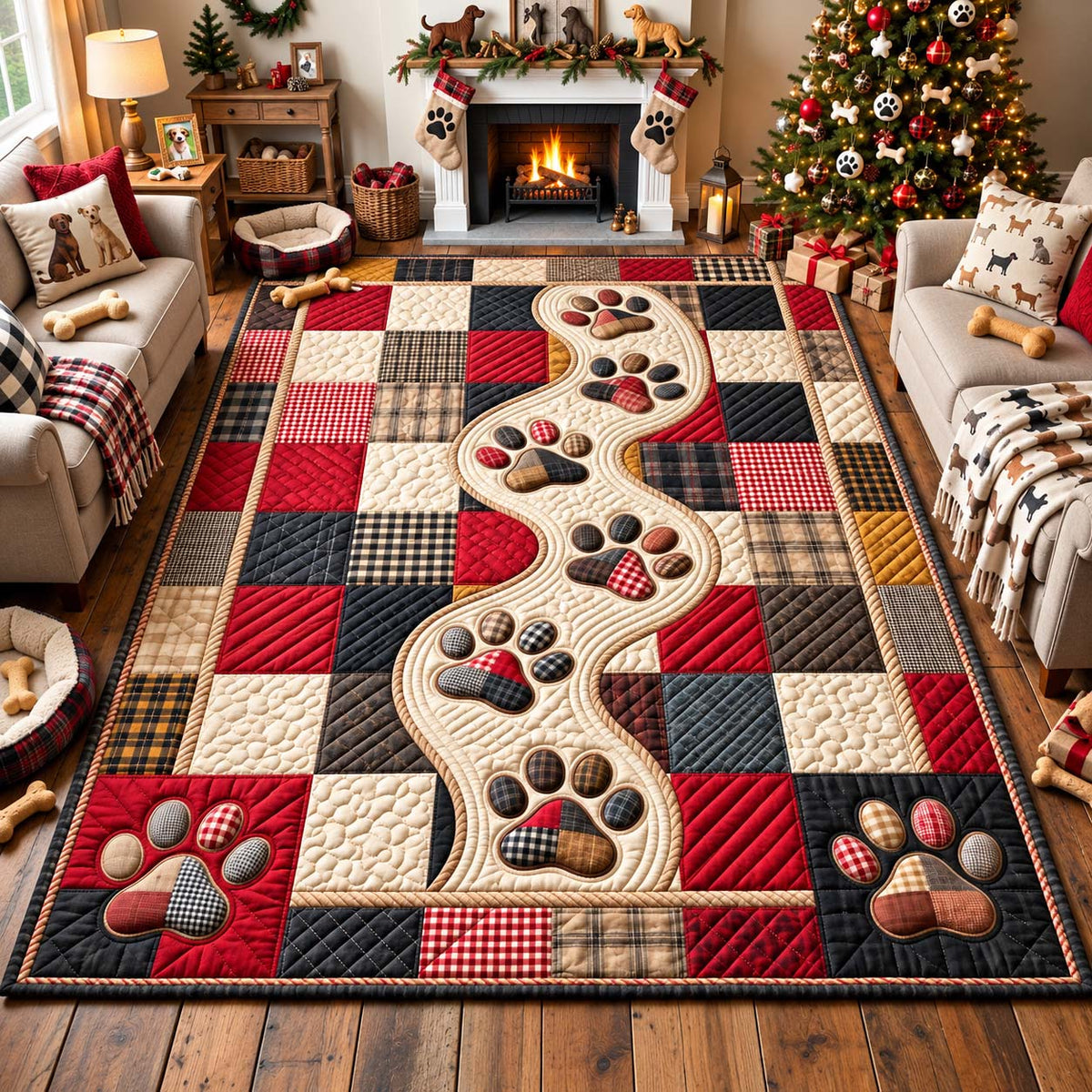 Holiday Paw Trail Patchwork area rug in a living room