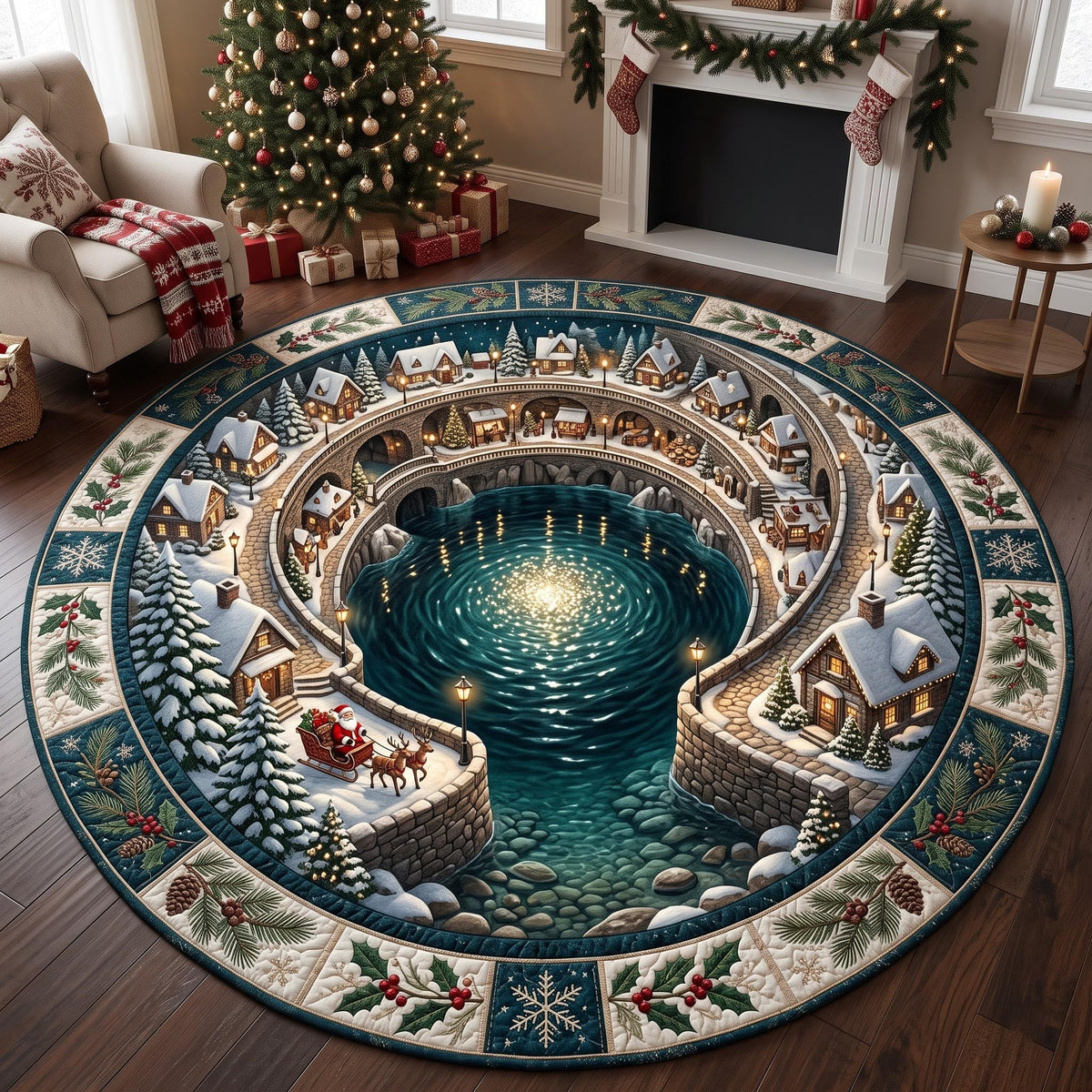 Holiday Pond Round Mat Rug - Nature Design | Serene Home Decor - washable non-slip printed rug