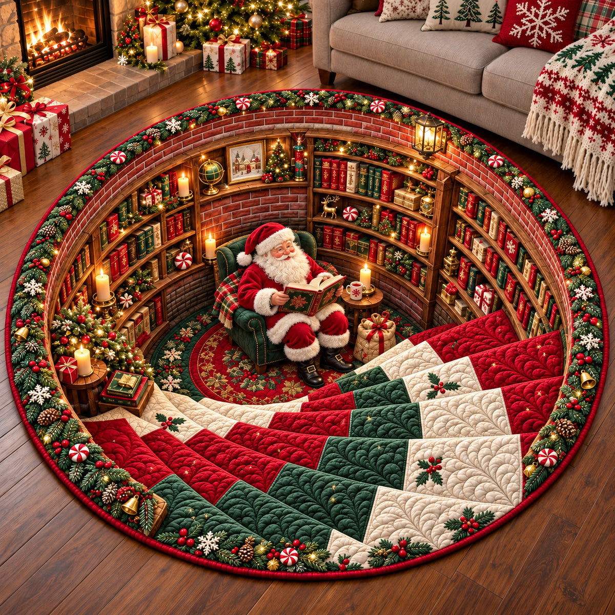 Holiday Santa Library Round Mat Rug - Seasonal Design | Festive Home Decor - washable non-slip printed rug