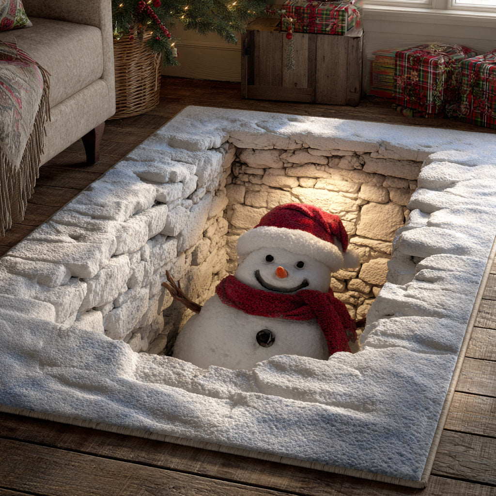 Holiday Snowman area rug in a living room