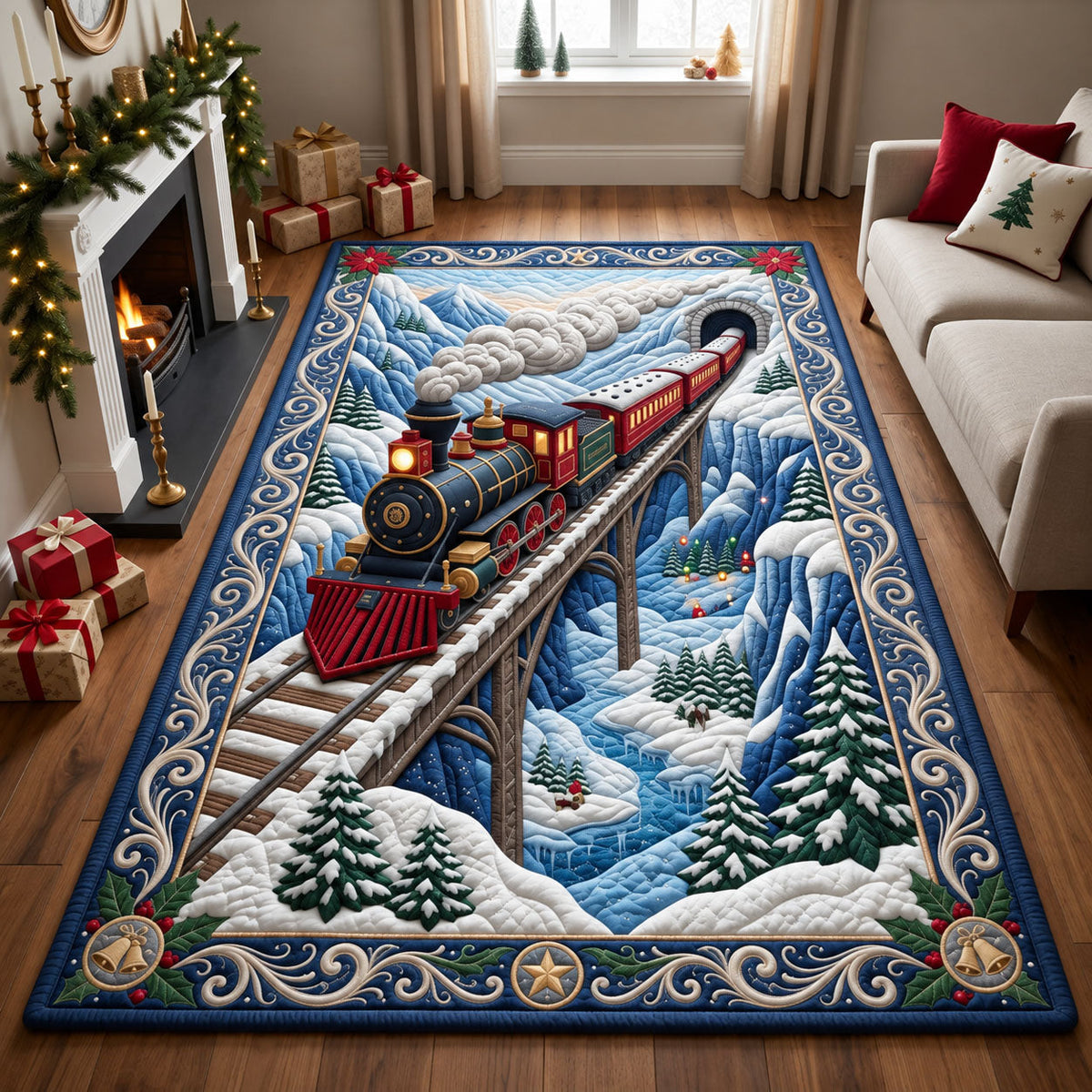 Holiday Train area rug in a living room