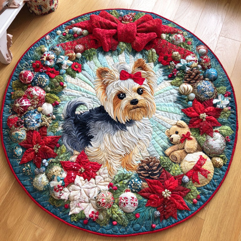 Holiday Yorkie Christmas Round Mat Rug - washable non-slip printed rug